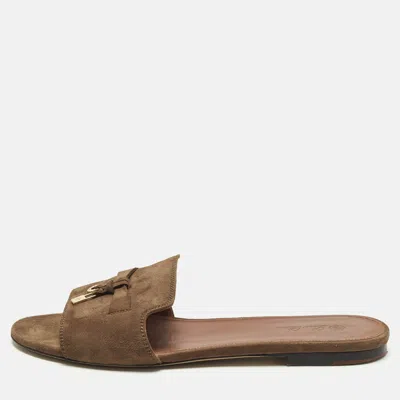 Pre-owned Loro Piana Summer Charms Walk Size 40 Dark Brown Suede Flat Slide