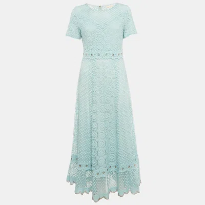 Pre-owned Maje Blue Lace Grommet Detail Scallop Midi Dress L