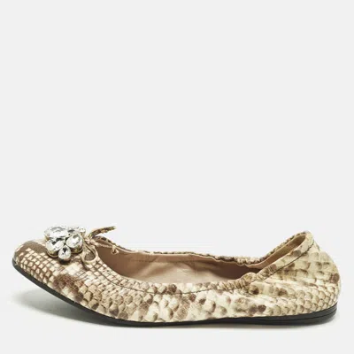 Pre-owned Miu Miu Size 41 Brown/beige Python Embossed Crystal Embellished Scrunch Ballet Flats