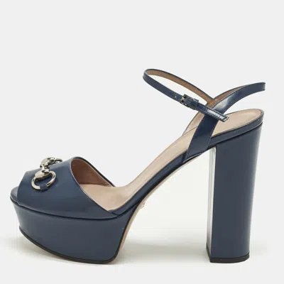 Pre-owned Gucci Claudie Horsebit Size 39 Blue Patent Leather Ankle Strap Sandals