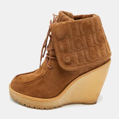 Pre-owned Ch Carolina Herrera Size 37 Brown Suede Wedge Ankle Length Boots