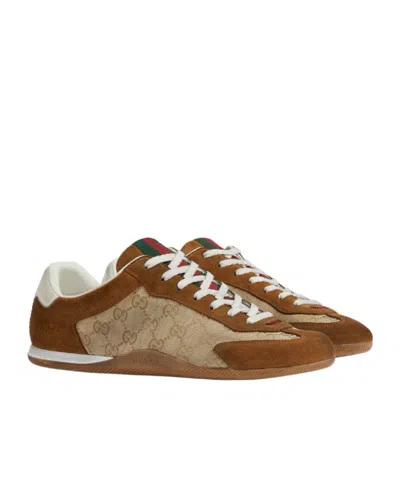 Gucci Shift Suede Sneakers With Gg Supreme Fabric Inserts In Multi
