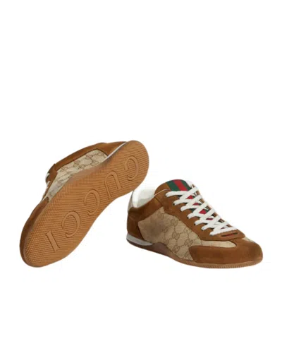 Gucci Shift Suede Sneakers With Gg Supreme Fabric Inserts In Multi