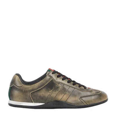 Gucci Leather Shift Sneakers Low Top Rubber Sole In Green