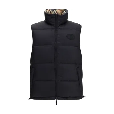 Burberry Beige Sleeveless Reversible Down Jacket With High Neck And All-over Check Motif In Tech Fabric Man In Neutral