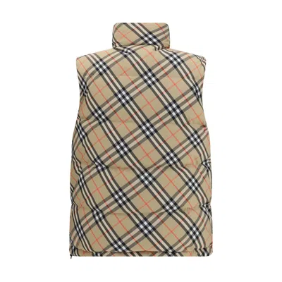 Burberry Beige Sleeveless Reversible Down Jacket With High Neck And All-over Check Motif In Tech Fabric Man In Neutral