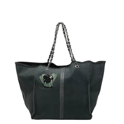 Pre-owned Chanel Camellia Black Green Grained Calfskin Tote Bag () In Multi