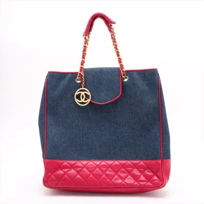 Pre-owned Chanel Navy Red Color Leather Denim Tote Bag ()