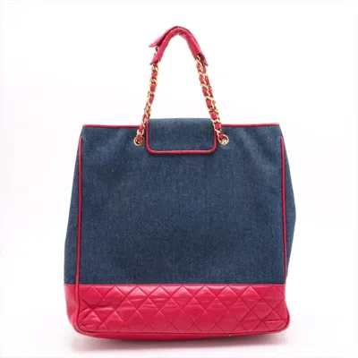 Pre-owned Chanel Navy Red Color Leather Denim Tote Bag ()