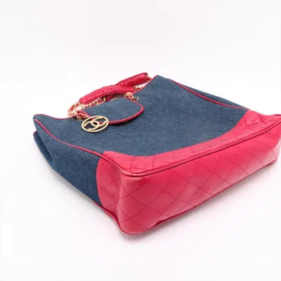 Pre-owned Chanel Navy Red Color Leather Denim Tote Bag ()