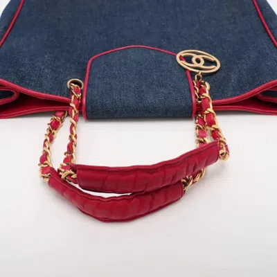 Pre-owned Chanel Navy Red Color Leather Denim Tote Bag ()