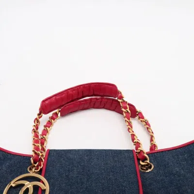Pre-owned Chanel Navy Red Color Leather Denim Tote Bag ()