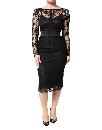 Dolce & Gabbana Black Lace Trim Cotton Sheath Midi Dress In Black