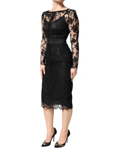 Dolce & Gabbana Black Lace Trim Cotton Sheath Midi Dress In Black
