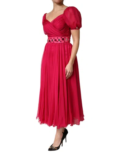 Dolce & Gabbana Pink Silk Embellished A-line Midi Dress In Red