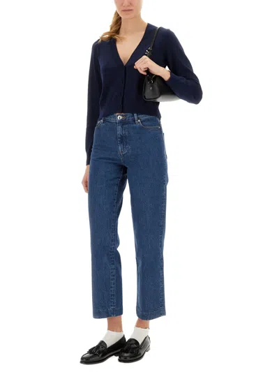 Apc Cropped Black Cardigan With Embroidered Logo In Blue