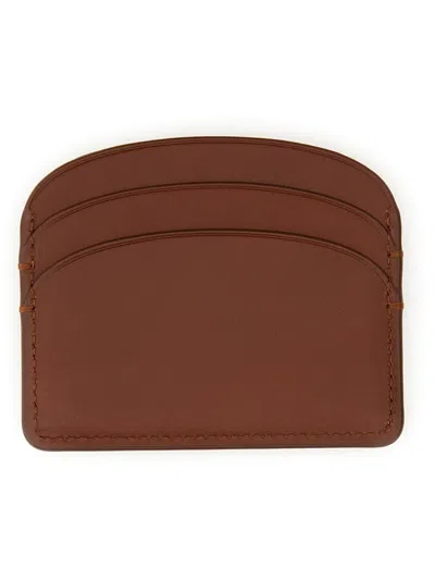 A.p.c. Demi Lune Brown Leather Card Holder With Logo  Woman In Purple