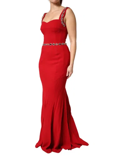 Pre-owned Dolce & Gabbana Red Crystals Sheath Mermaid Long Gown Women's Dress ()