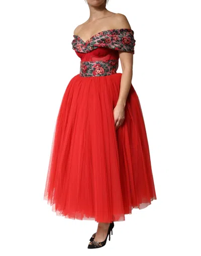 Dolce & Gabbana Red Floral Off Shoulder A-line Gown Women's Dress In Red