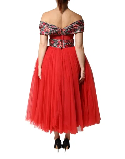 Dolce & Gabbana Red Floral Off Shoulder A-line Gown Women's Dress In Red