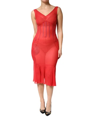 Pre-owned Dolce & Gabbana Red Silk Sleeveless Sheath V-neck Midi Women's Dress ()