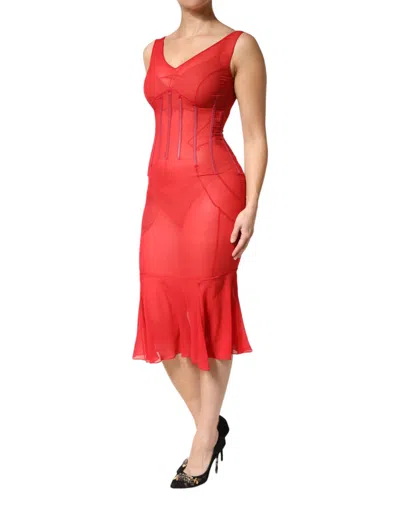 Pre-owned Dolce & Gabbana Red Silk Sleeveless Sheath V-neck Midi Women's Dress ()
