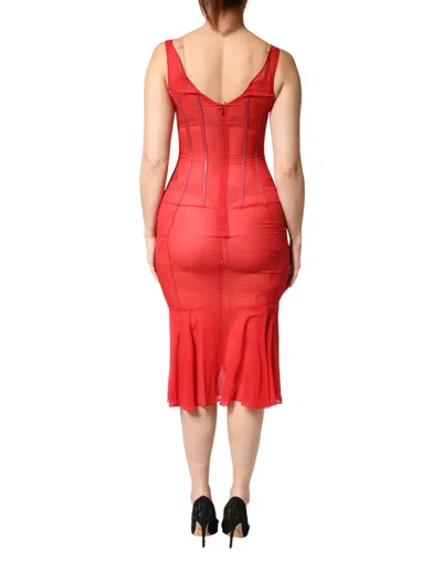 Pre-owned Dolce & Gabbana Red Silk Sleeveless Sheath V-neck Midi Women's Dress ()