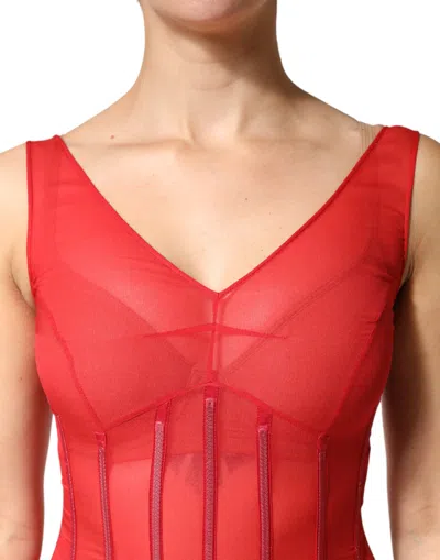 Pre-owned Dolce & Gabbana Red Silk Sleeveless Sheath V-neck Midi Women's Dress ()