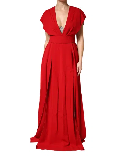 Dolce & Gabbana Red Viscose Plunging Neckline Long Maxi Dress In Red