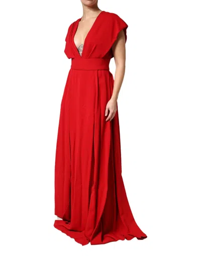 Dolce & Gabbana Red Viscose Plunging Neckline Long Maxi Dress In Red