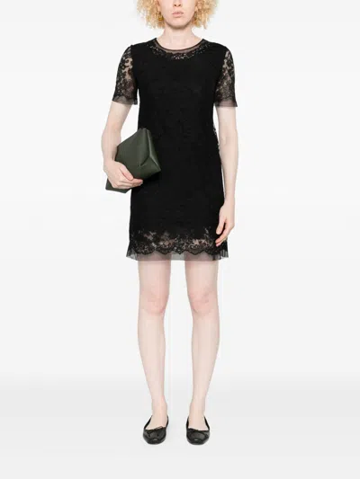Ermanno Scervino Floral Lace Mini Dress With Sheer Sleeves In Black