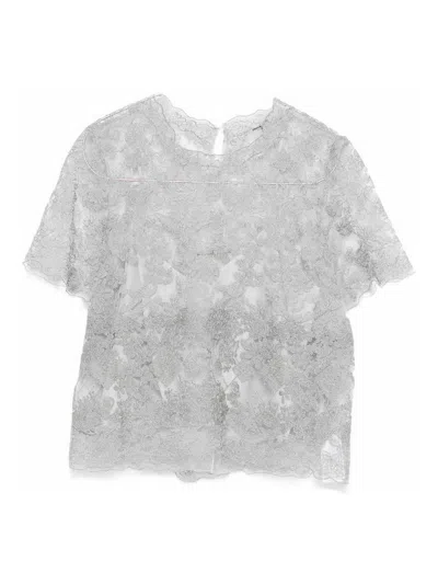 Ermanno Scervino Floral Lace Round Neck Sheer Top In Blue