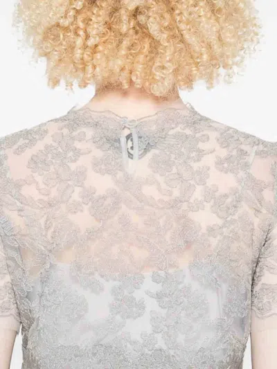 Ermanno Scervino Floral Lace Round Neck Sheer Top In Blue