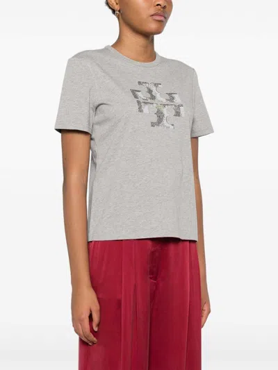 Tory Burch Logo Cotton T-shirt In Gray