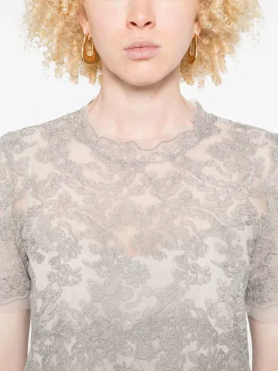 Ermanno Scervino Floral Lace Round Neck Sheer Top In Blue