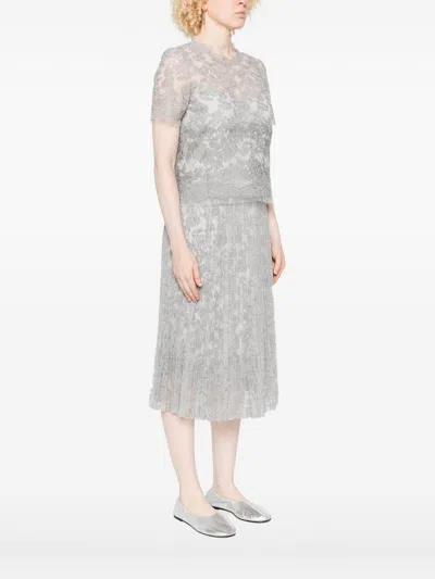 Ermanno Scervino Floral Lace Round Neck Sheer Top In Blue