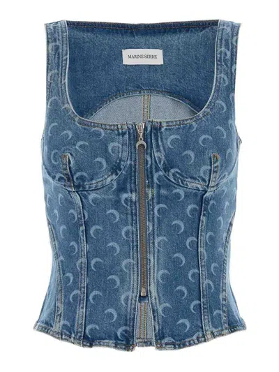 Marine Serre Moon Laser Denim Bustier Top In Blue