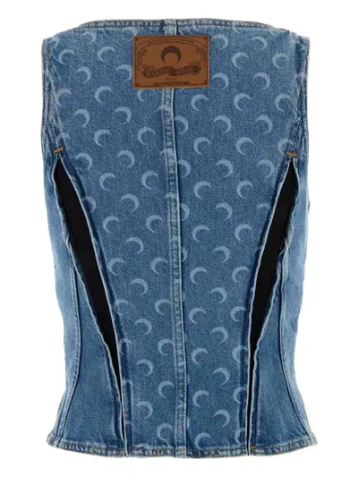 Marine Serre Moon Laser Denim Bustier Top In Blue