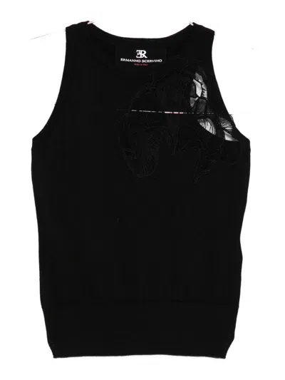 Ermanno Scervino Merino Racerback Tank Top Floral Embroidery In Black