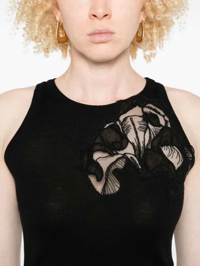 Ermanno Scervino Merino Racerback Tank Top Floral Embroidery In Black