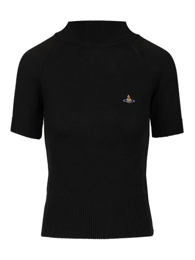 Vivienne Westwood Fitted Short Puff Sleeve Sweater With Embroidered Emblem In Black