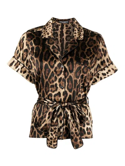 Dolce & Gabbana Belted Piped Leopard Print Silk-blend Satin Shirt In Multi