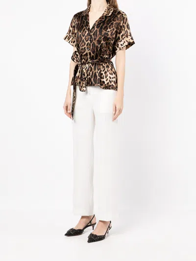 Dolce & Gabbana Belted Piped Leopard Print Silk-blend Satin Shirt In Multi