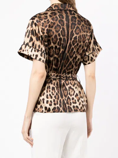 Dolce & Gabbana Belted Piped Leopard Print Silk-blend Satin Shirt In Multi