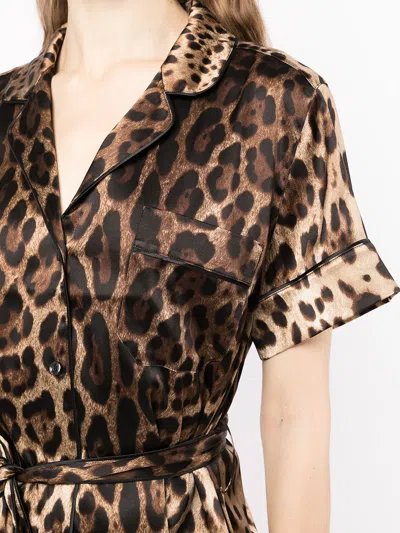Dolce & Gabbana Belted Piped Leopard Print Silk-blend Satin Shirt In Multi