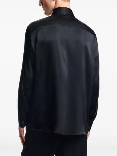 Emporio Armani Long Sleeve Satin Shirt With Spread Collar In Black