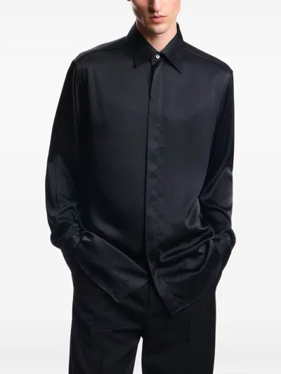 Emporio Armani Long Sleeve Satin Shirt With Spread Collar In Black
