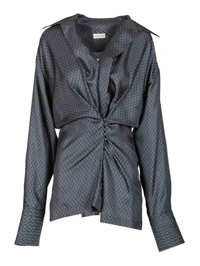 Dries Van Noten Printed Silk Twill Shirt With Wrap Detail In Gray