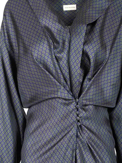 Dries Van Noten Printed Silk Twill Shirt With Wrap Detail In Gray