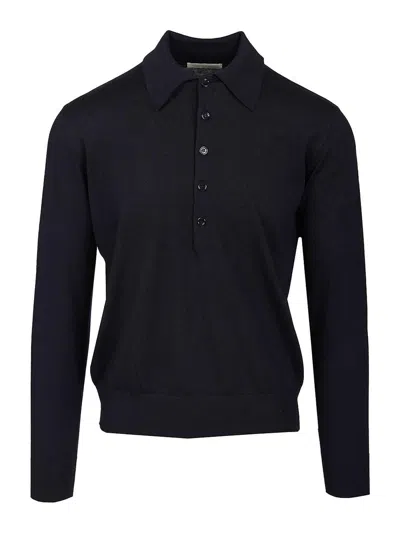 Dries Van Noten Men Long-sleeved Polo Shirt In Blue